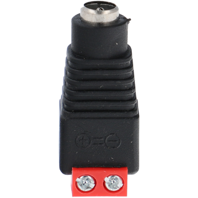 Conector elétrico preto com base vermelha e dois parafusos