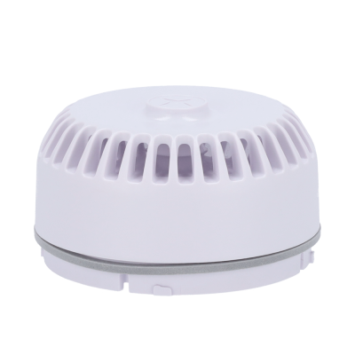 Detector de fumo branco redondo com ventilação e faixa cinza na base