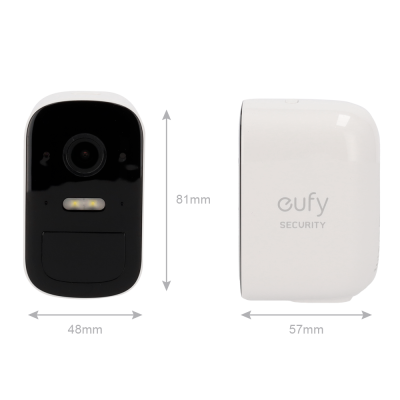 Câmara de segurança branca e preta com texto eufy SECURITY e dimensões
