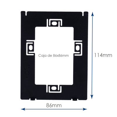 Peça retangular preta com recortes e medida 114mm x 86mm