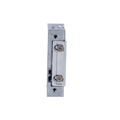 Fecho elétrico metálico retangular cinza prateado com parafusos visíveis