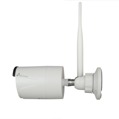 Câmara de segurança branca com antena vertical e suporte circular