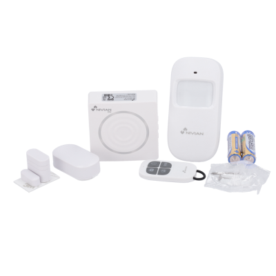 Conjunto de dispositivos de segurança Nivian brancos sobre superfície clara