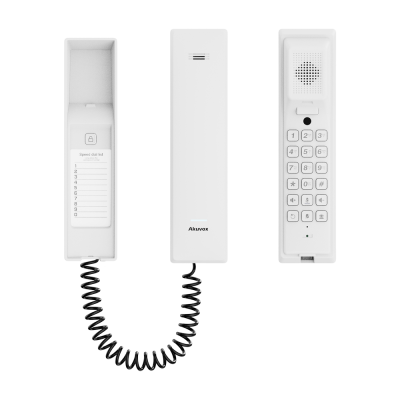 Intercomunicador branco com teclado numérico e auricular conectado