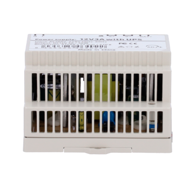 Dispositivo eletrônico branco com grelha frontal mostrando componentes internos e texto técnico no topo