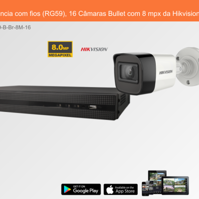 Sistema de videovigilância Hikvision com gravador preto e câmara bullet branca e preta
