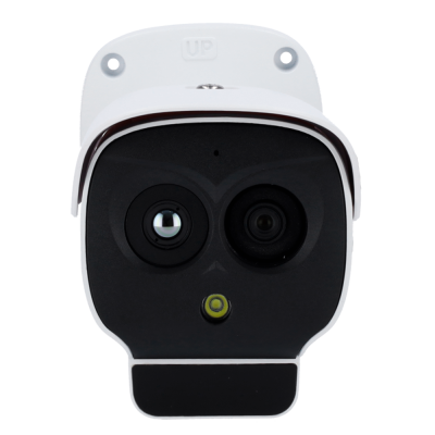 Câmara de vigilância branca com lentes pretas e LED verde