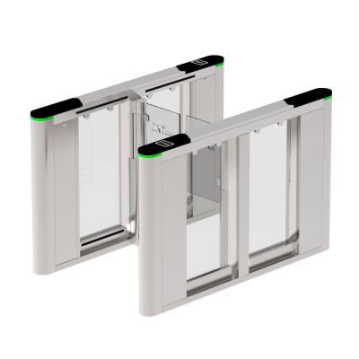 Porta de segurança automática em metal e vidro com detalhes pretos e verdes