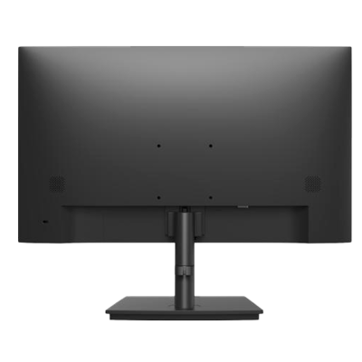Monitor preto de computador visto de trás com suporte e base