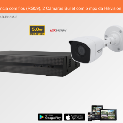 Sistema de videovigilância com fios incluindo gravador preto e câmara bullet branca