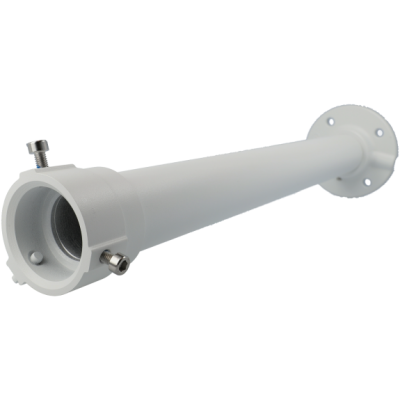 Suporte tubular branco com base circular e parafusos metálicos