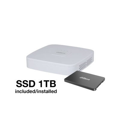 Dispositivo eletrônico branco Dahua com unidade SSD preta e texto informativo