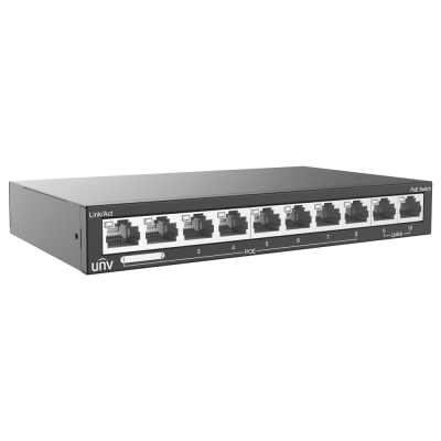 Switch de rede UNV preto com 9 portas RJ45 e indicadores LED