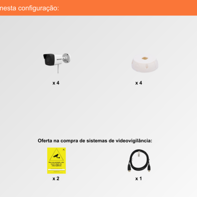 Componentes de sistema de videovigilância exibidos sobre fundo branco e laranja com texto e logo da loja CCTV.