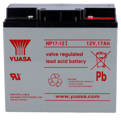 Bateria Yuasa NP17-12I cinza e preta com texto vermelho