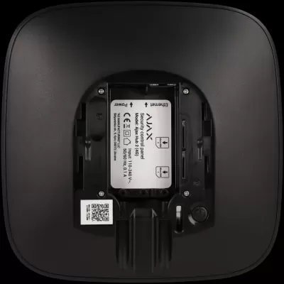 Painel de controlo de segurança Ajax preto com etiqueta técnica e compartimentos para SIM