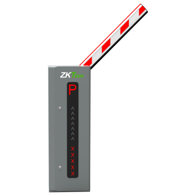 Barreira de acesso para estacionamento cinzenta com barra branca e vermelha e painel com texto