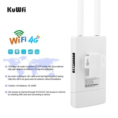 roteador 4G branco KuWfi com duas antenas externas e suporte montável