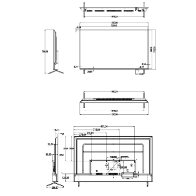 Dimensões técnicas de equipamento retangular com suportes laterais