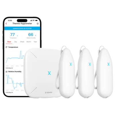 Dispositivo X-Sense branco com sensores e aplicação em smartphone mostrando dados de temperatura e humidade