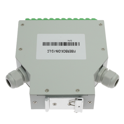 Produto eletrônico cinza com etiqueta FIBERBOX-DIN-12-LC