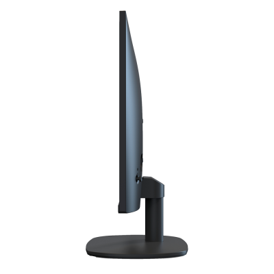 Monitor cinzento escuro com suporte preto visto de perfil