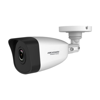 Câmara de segurança HIKVISION HiWatch Series branca e preta com suporte de montagem
