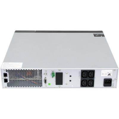 Dispositivo eletrônico metálico cinzento com portas USB, RS232, quatro tomadas e entrada de energia