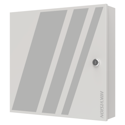 Caixa metálica cinza com faixas cinza escuro e fechadura