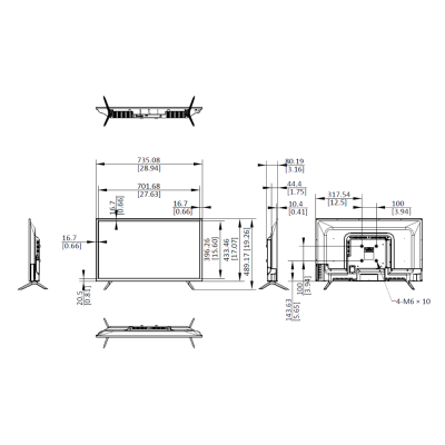 Desenho técnico de televisão com várias vistas e dimensões