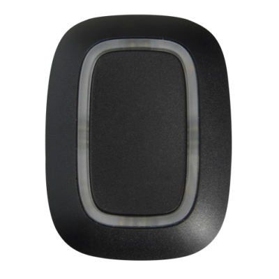 Controle remoto preto com botão retangular central cinza claro e preto