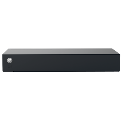 Aparelho eletrónico preto rectangular com botões circulares prateados