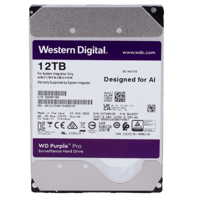 Disco rígido Western Digital WD Purple Pro 12TB com etiqueta branca e roxa
