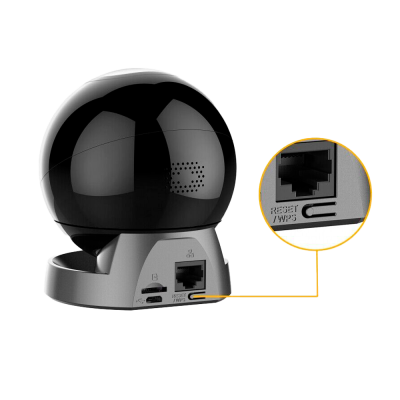 Câmara de vigilância preta com base cinzenta e portas USB, LAN, RESET/WPS