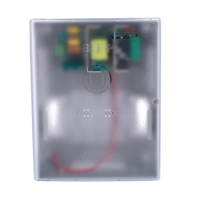 Caixa eletrónica transparente com componentes e etiquetas INPUT e BAT