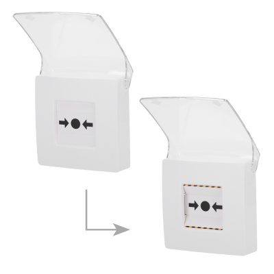 Dois interruptores de parede brancos com tampa transparente e botão central com setas pretas