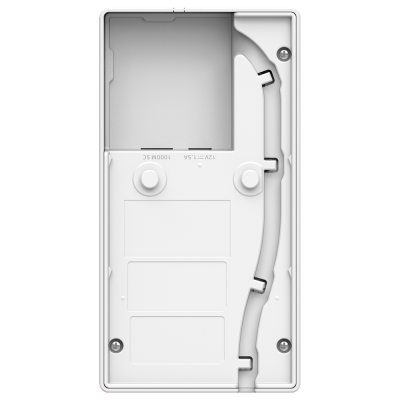 Painel retangular branco com tampa cinza e botões brancos