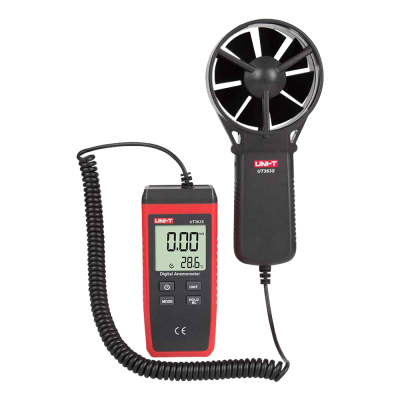 Anemómetro digital portátil preto e vermelho com display e sensor ligado por cabo
