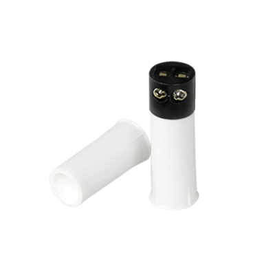 Dois adaptadores de tomada brancos com topo preto e parafusos visíveis