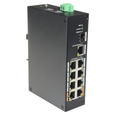 Interruptor de rede industrial preto com portas Ethernet e LEDs