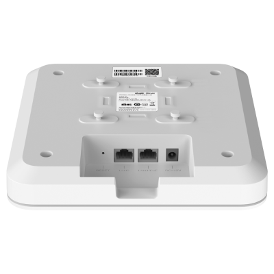 Base de dispositivo eletrónico branco com portas Ethernet e etiqueta de fabricação