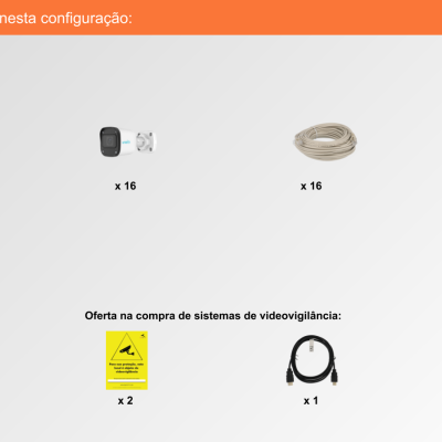 Componentes incluídos numa configuração de videovigilância com diversos dispositivos e cabos em fundo branco