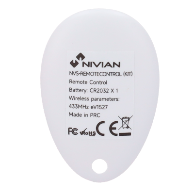 Comando remoto branco NIVIAN com etiqueta e texto preto