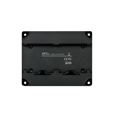 Painel de controlo de acesso ZKTeco preto com texto e parafusos visíveis