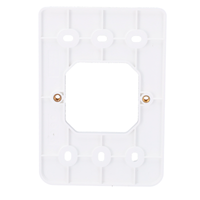 Suporte plástico branco retangular com recorte quadrado e inserções metálicas.