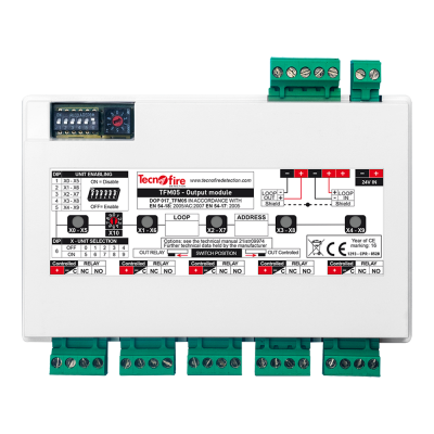 Módulo de saída TFM05 TecnoFire com conectores verdes e interruptores DIP