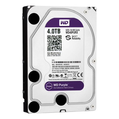 Disco rígido WD Purple 4.0TB com etiqueta branca e roxa