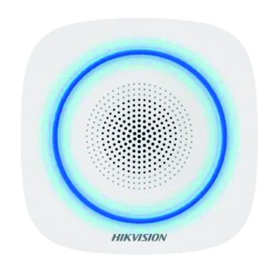 Dispositivo Hikvision branco com orifícios de altifalante e anel azul luminoso