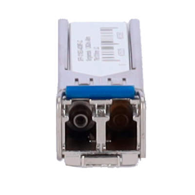 Conector de fibra óptica metálico com suporte azul e etiqueta branca