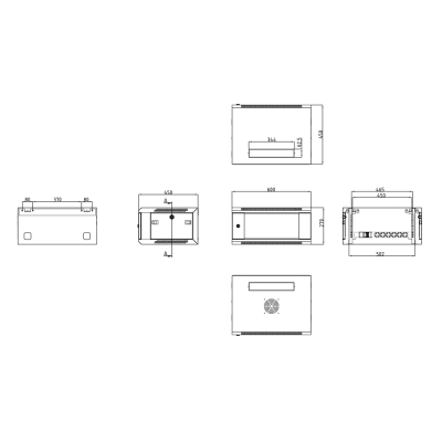 Desenho técnico de armário elétrico com várias vistas e medidas em milímetros.